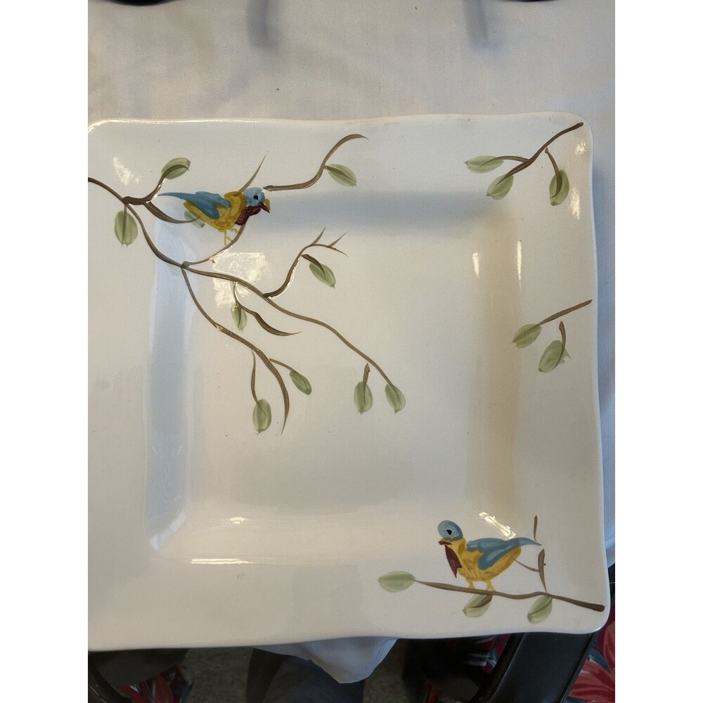 Pier 1 One ROBIN Earthenware 11" Square Serving Scalloped Edge Plate Bird Twig